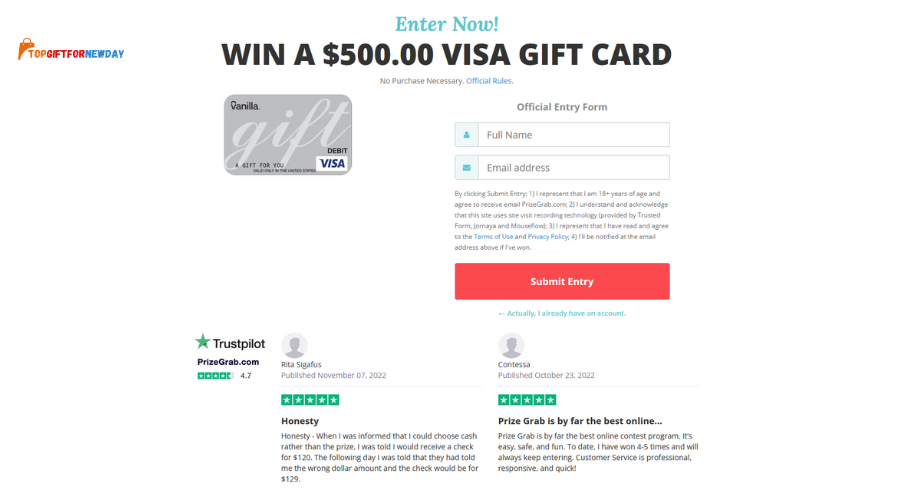 Win a $500 Visa Gift Card with Prizegrab